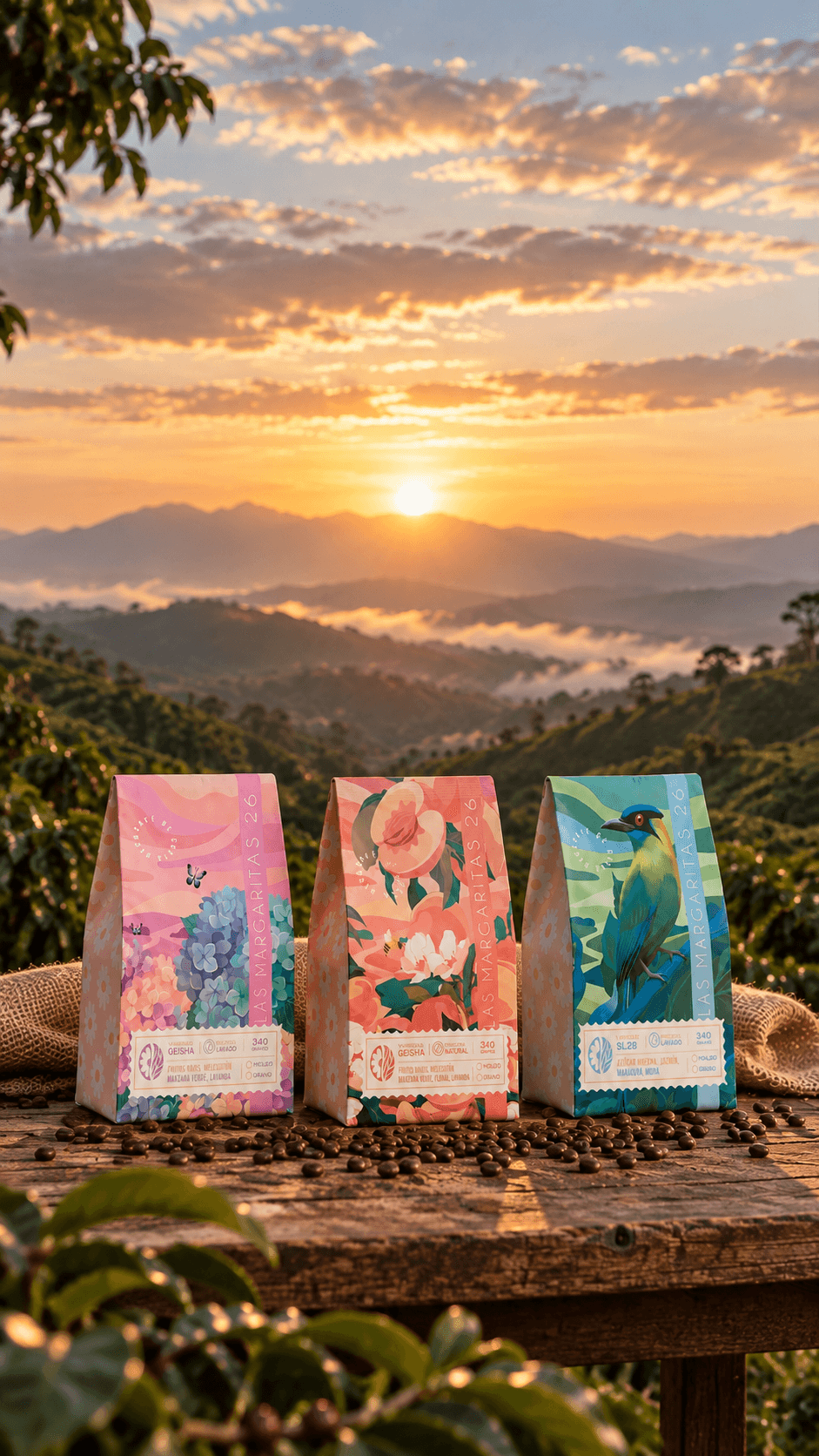 Las tres bolsas de café Las Margaritas 26 al atardecer, sobre las montañas de la Zona de los Santos