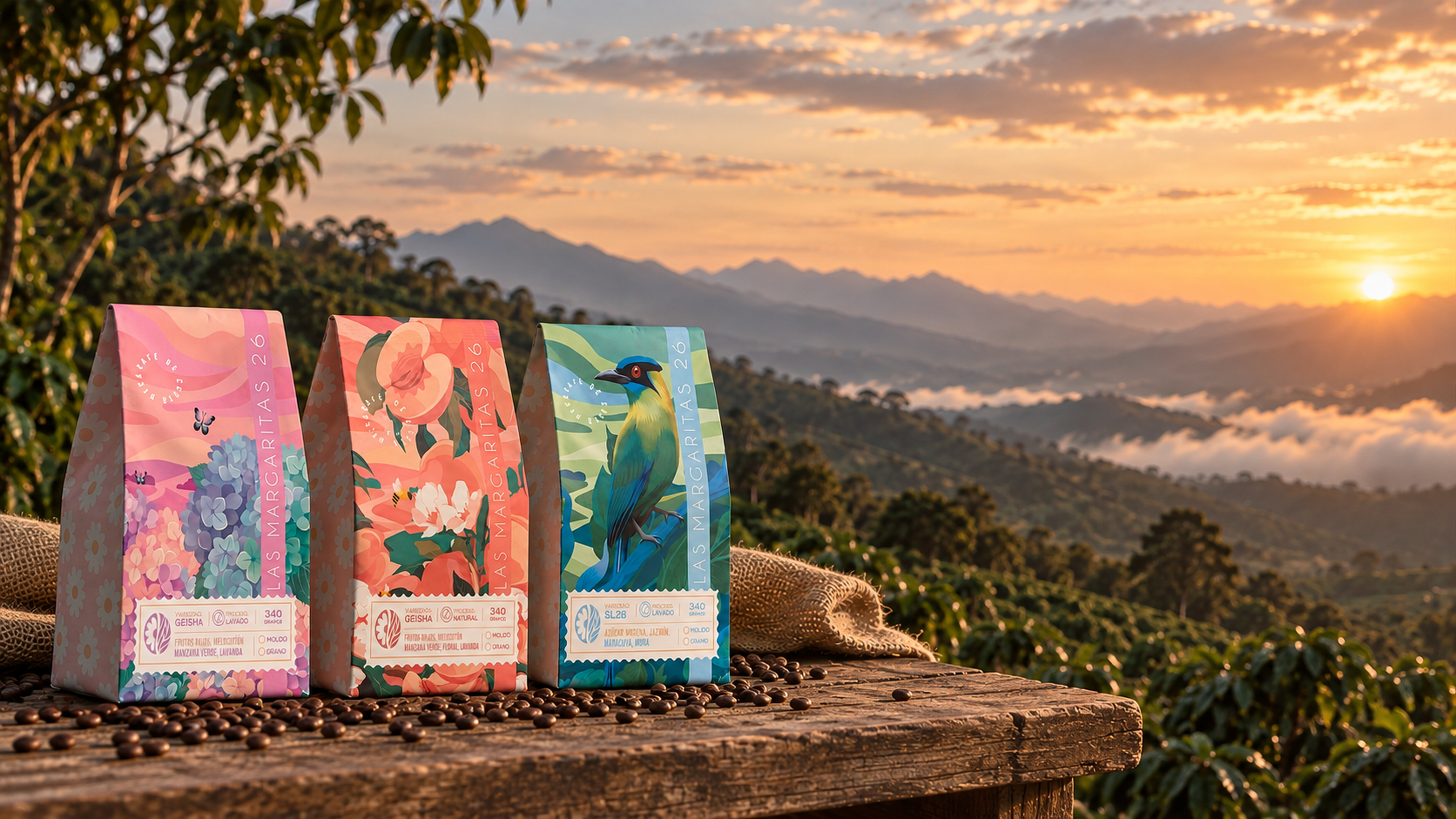 Bolsa de café Las Margaritas 26 al atardecer, sobre las montañas de la Zona de los Santos, junto a una canasta de fresas